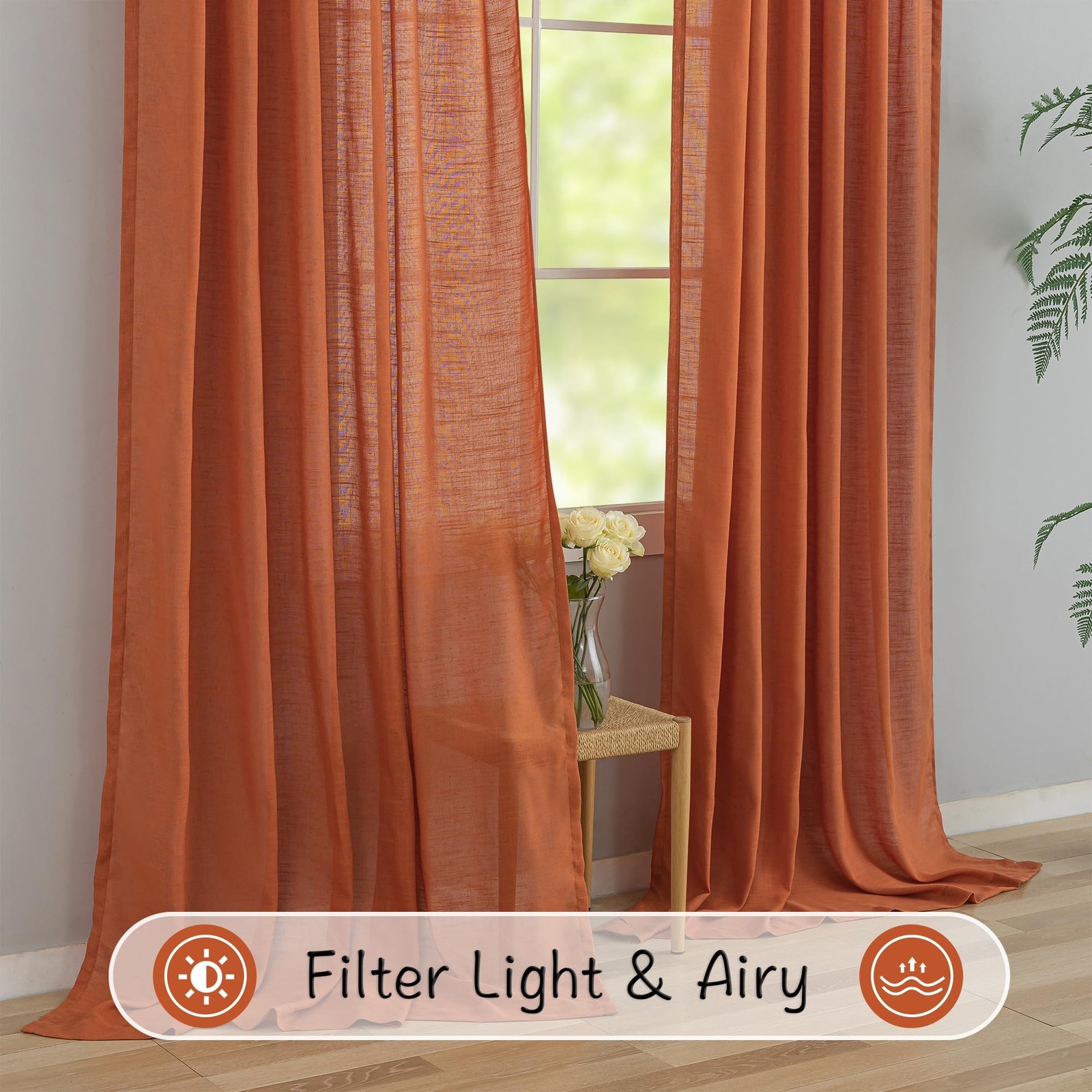 Burnt Orange Linen Back Tab Curtains 132 Inches Extra Long Ceiling to Floor f…