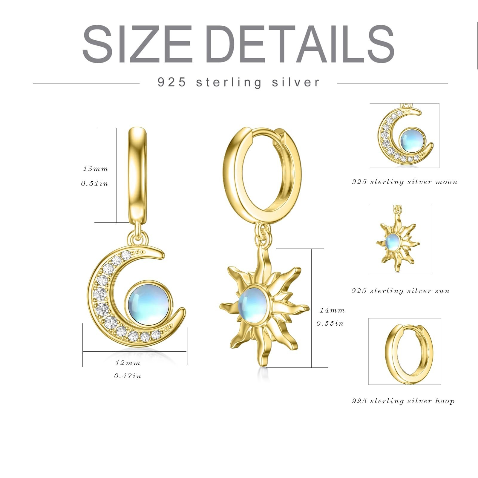 Sun and Moon Dangle Moonstone Earrings 925 Sterling Silver Dangle Huggie Earr…