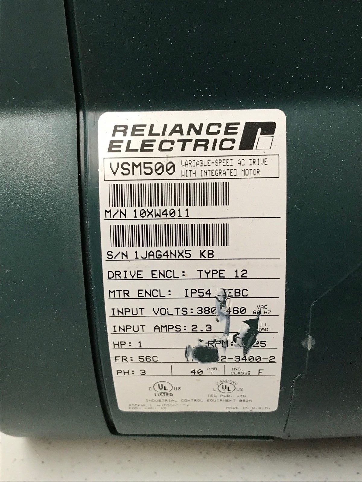 RELIANCE ELECTRIC AC DRIVE MOTOR VSM500 1HP 1 HP 56C 380/460 3PH 56C 10XW4011