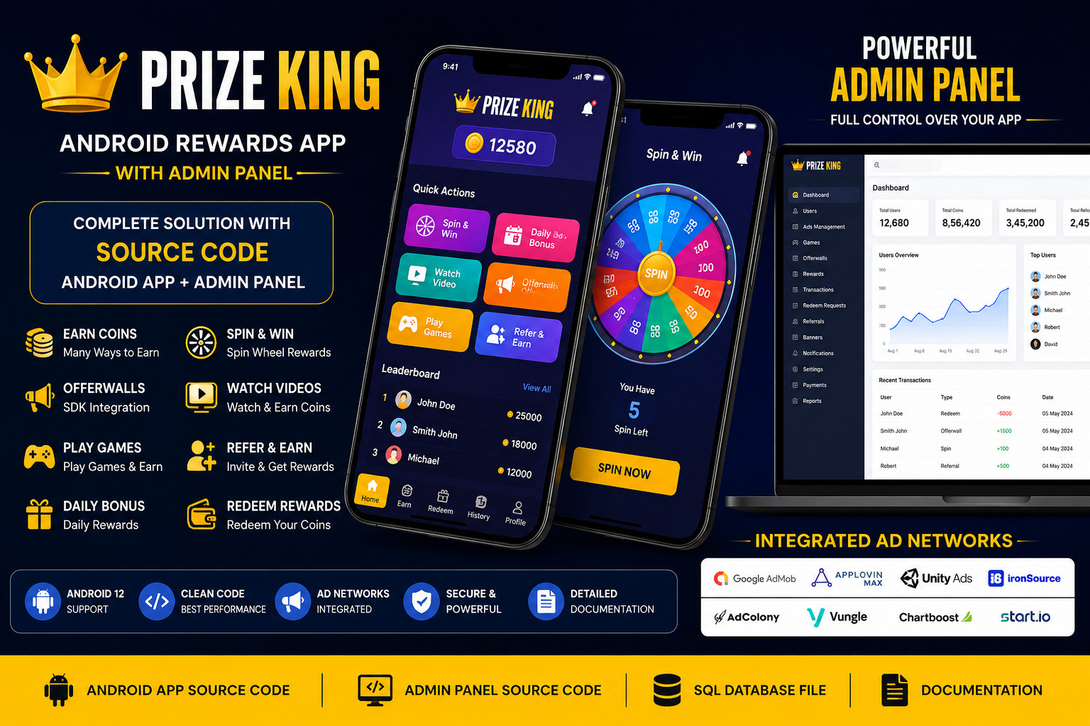 Prize King – Android Rewards App + Admin Panel | Games, Offerwall & Spin Wheel