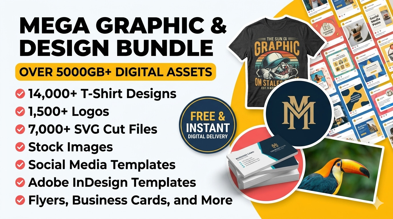 ULTIMATE 5000GB+ DIGITAL GRAPHIC BUNDLE | 14K T-SHIRT DESIGNS | 1500 LOGOS | SVG