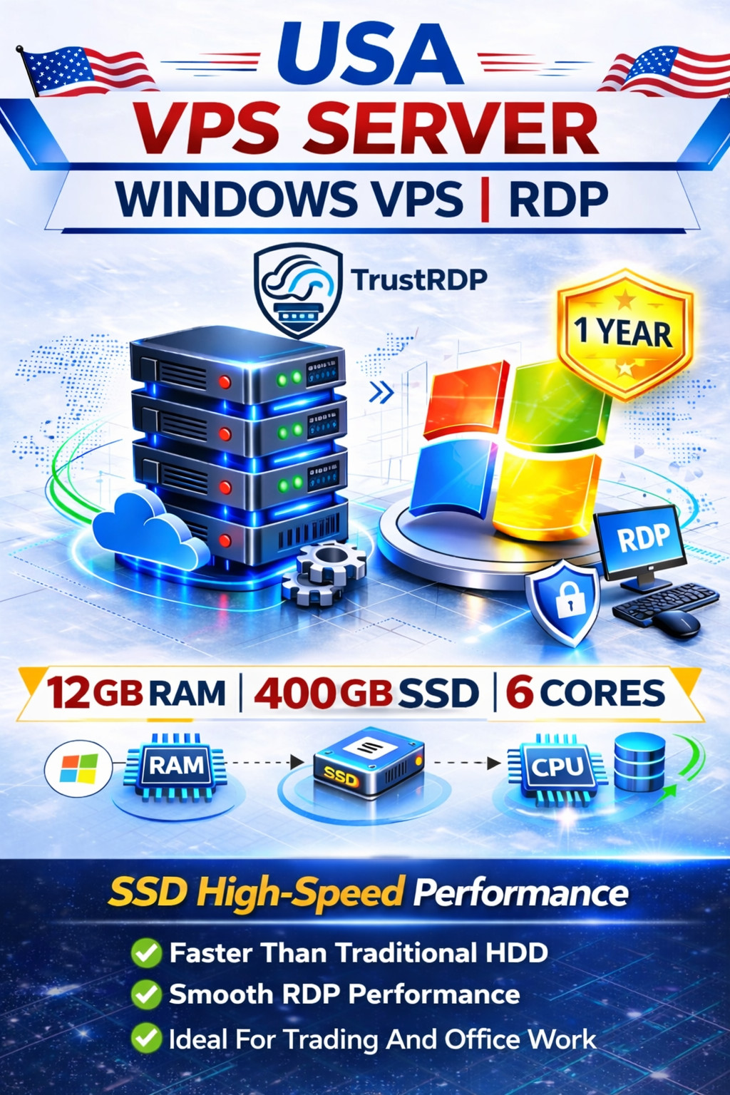 Windows VPS RDP Server 12GB RAM 400GB SSD 1 Year Fast Remote Desktop Hosting