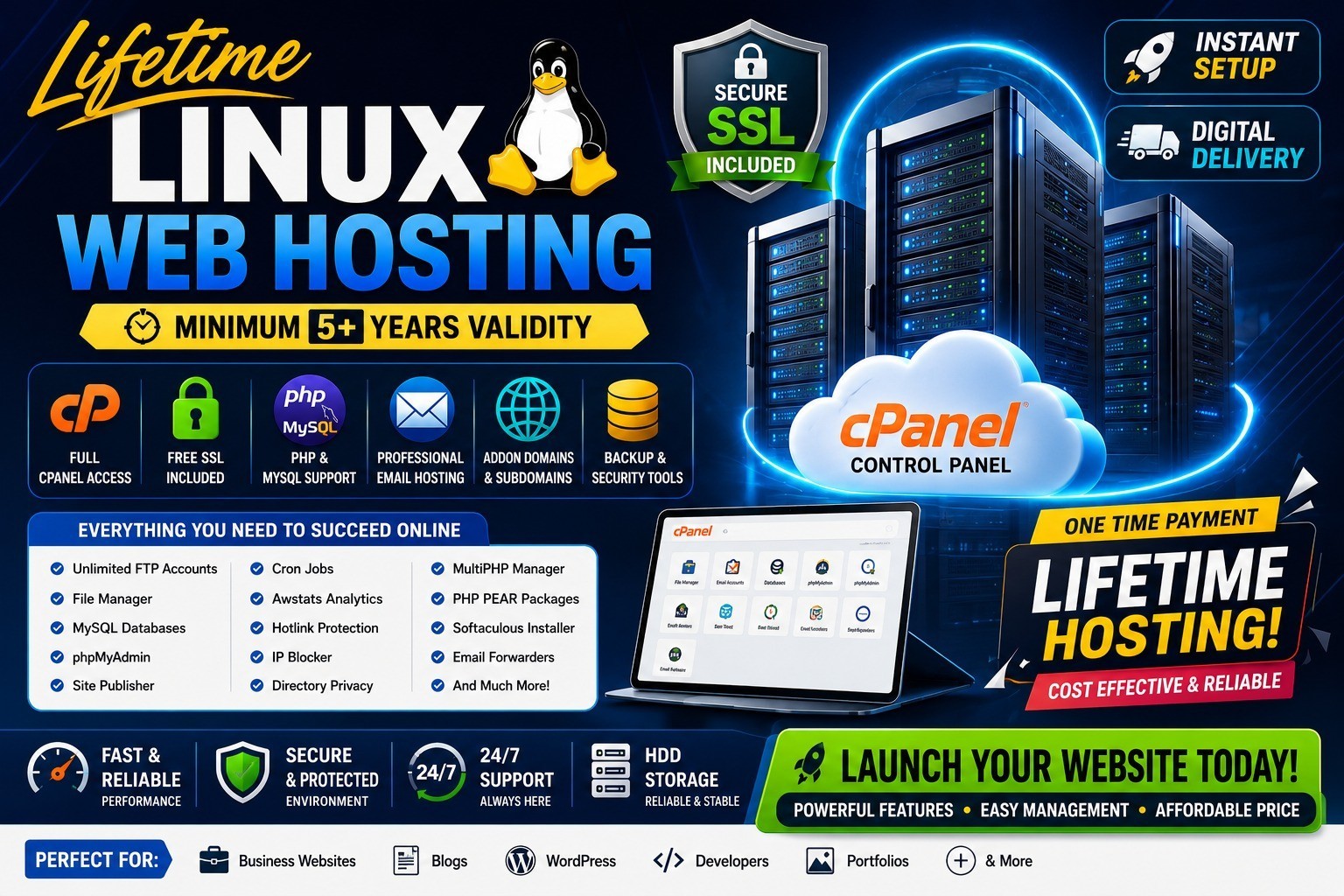 Lifetime Linux Web Hosting cPanel HDD | SSL PHP MySQL Email Hosting | 5+ Years