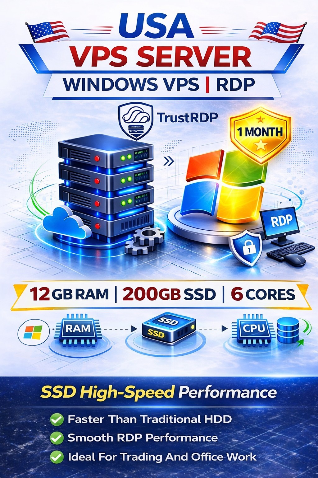 USA Windows VPS RDP Server 12GB RAM 200GB SSD Fast Remote Desktop Hosting