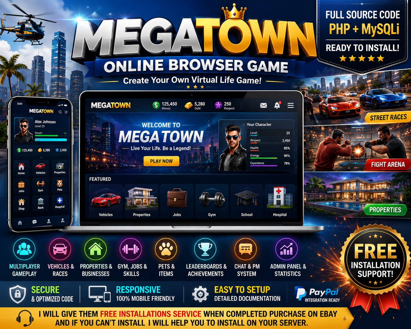 MegaTown – Online Browser Game PHP Project | Virtual Life RPG Game Engine