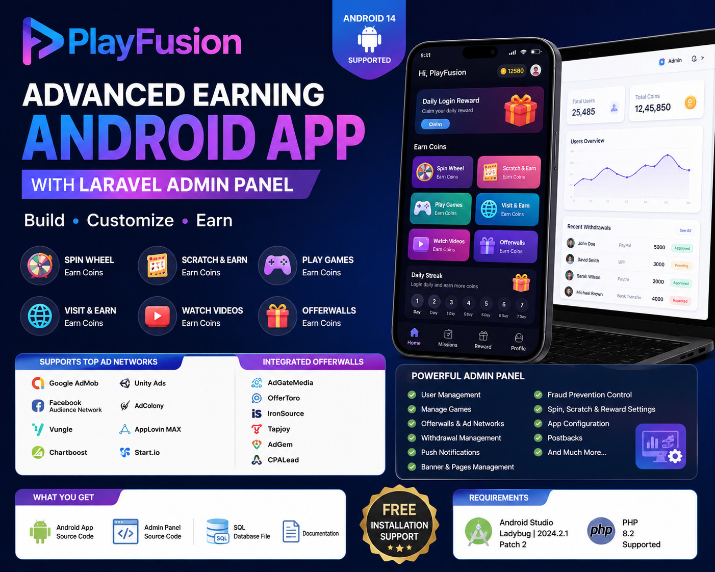 PlayFusion Android Earning Game App + Laravel Admin Panel | Reward App