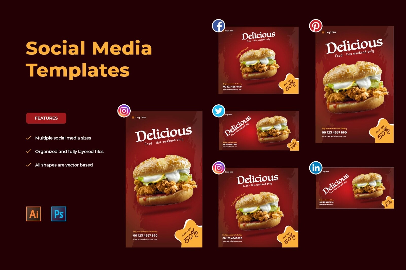 Delicious Food Social Media Marketing Templates