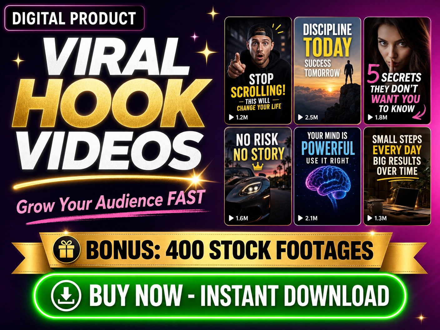 DIGITAL Viral Hooks Videos + Bonus 400 Stock Videos