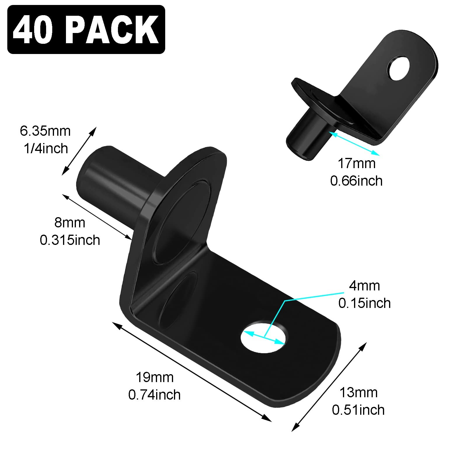 40 Pcs Shelf Pins Pegs,1/4 Inch L-Shaped Support 1/4 Inch, Black