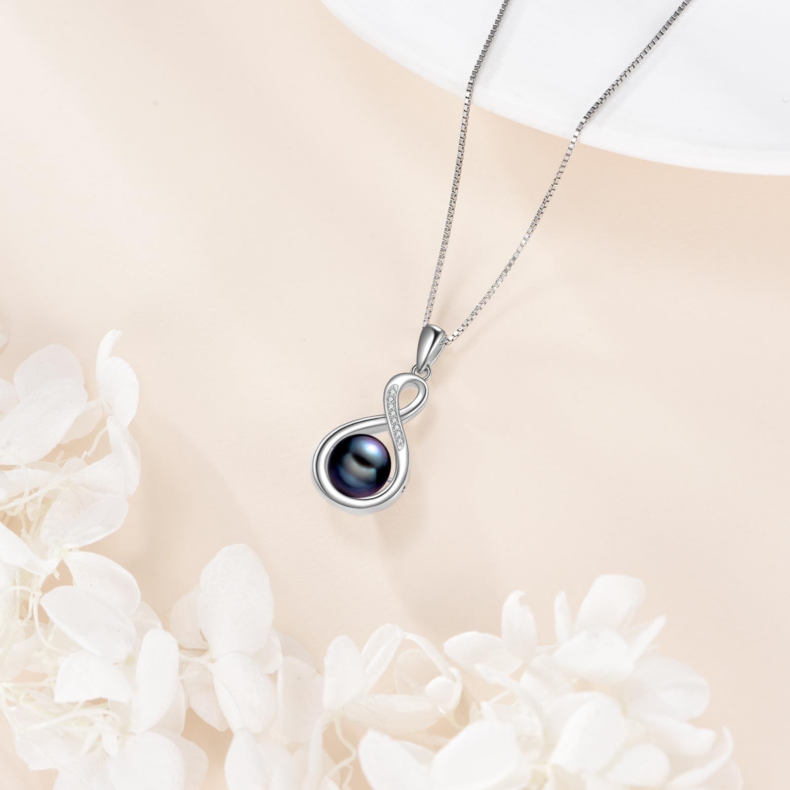 s925 8-10mm Freshwater Cultured Black Pearl Necklace, 18k White Gold Plated S…