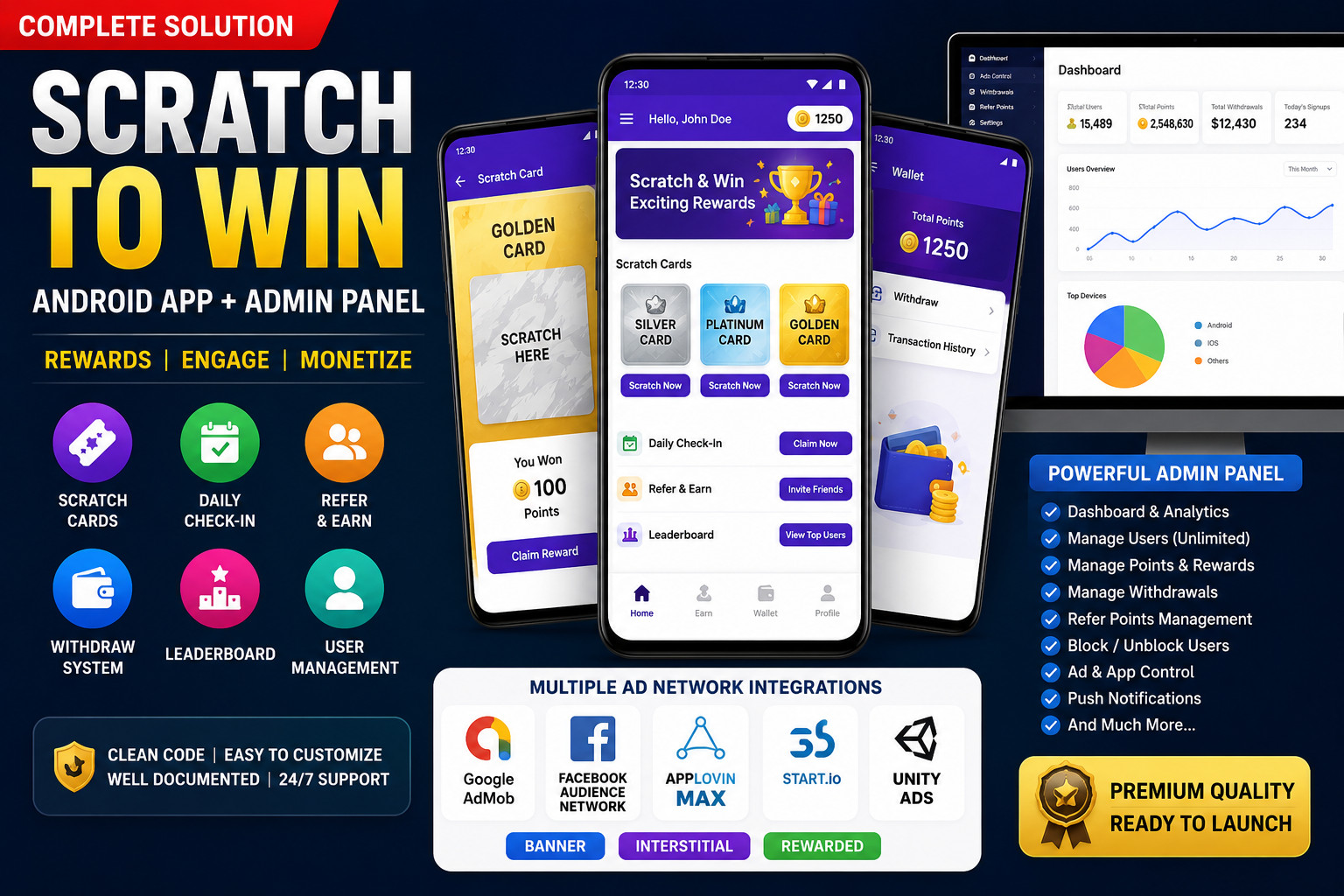 Scratch to Win Android App + Admin | AdMob, FB Bidding, Unity Ads, Start App