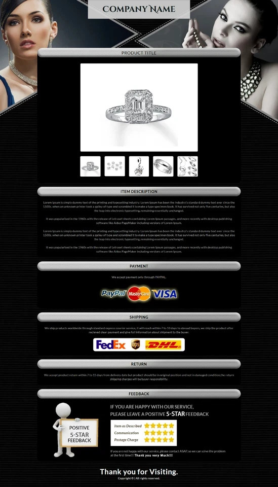 eBay Templates, eBay Auction Mobile Responsive html Templates 2026 for Jewelry