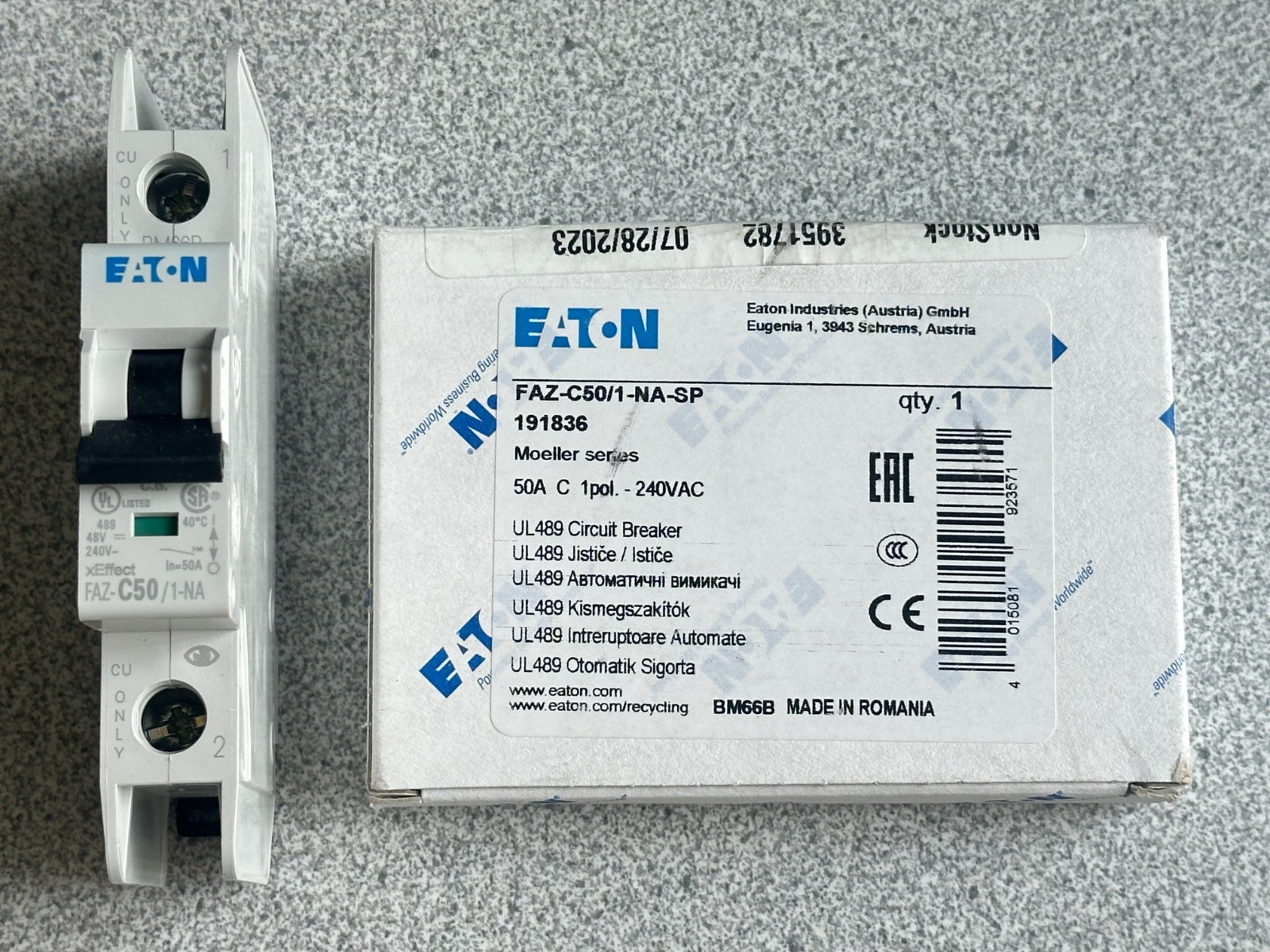 NEW EATON FAZ-C50/1-NA-SP CIRCUIT BREAKER 50A 1 POLE 240 VAC Moller 191836