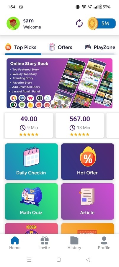 Reward App Lucky Spin + Offerwall + HTML Games | Android App + Admin Panel