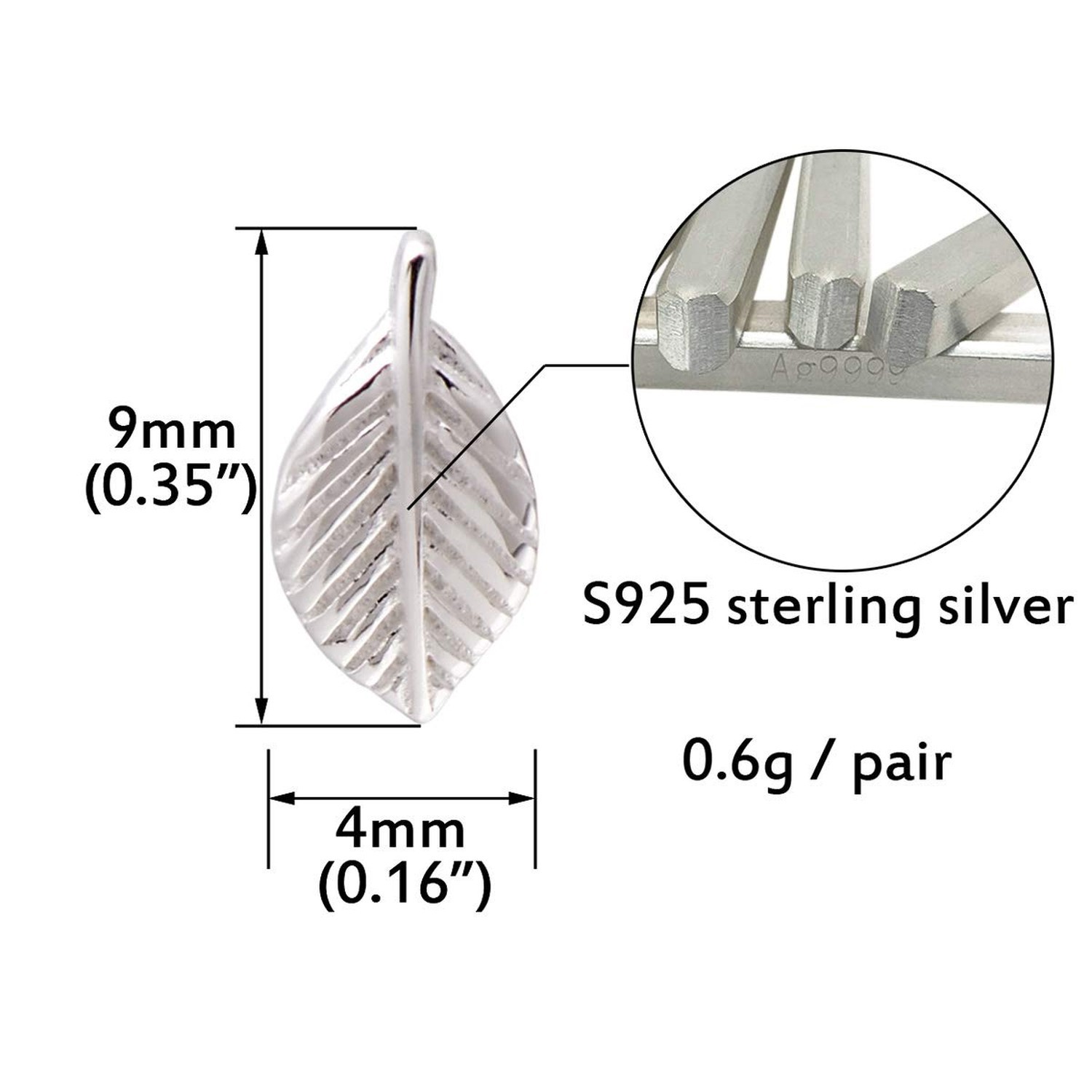 925 Sterling Silver Small Leaf Earrings Studs for Women White Gold