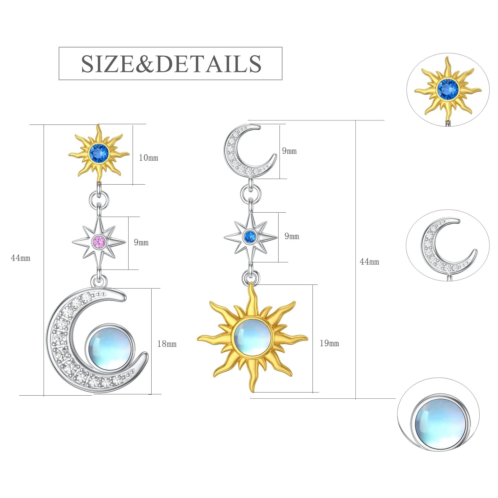 Sun and Moon Dangle Moonstone Earrings 925 Sterling Silver Dangle Huggie Earr…