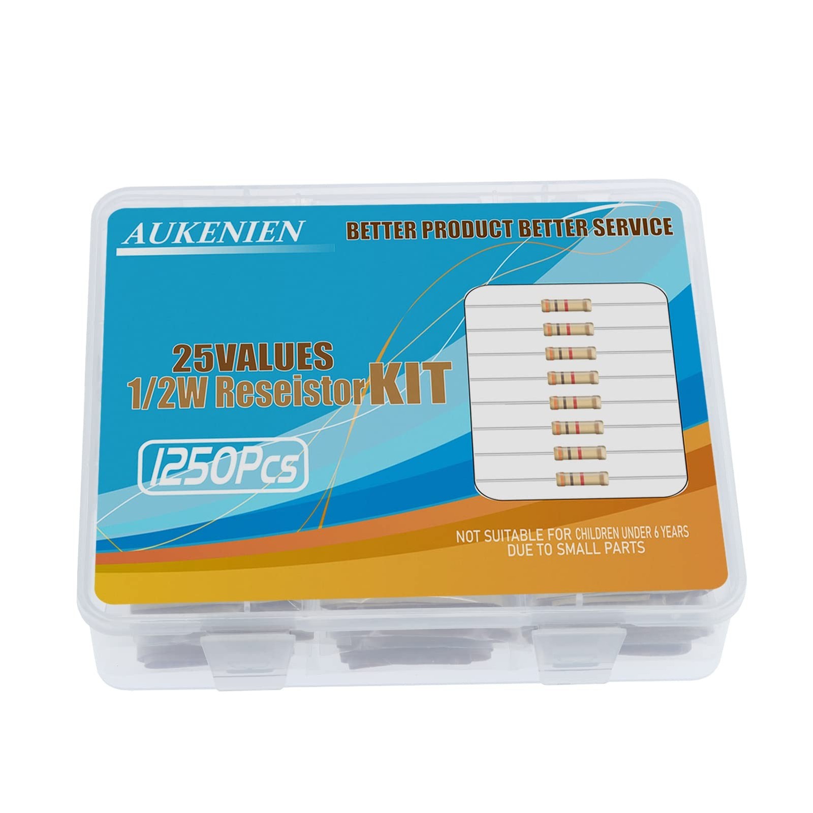 AUKENIEN 1250pcs 25 Values 1/2W Carbon Film Resistor Assortment Kit 1 2.2 3.3…