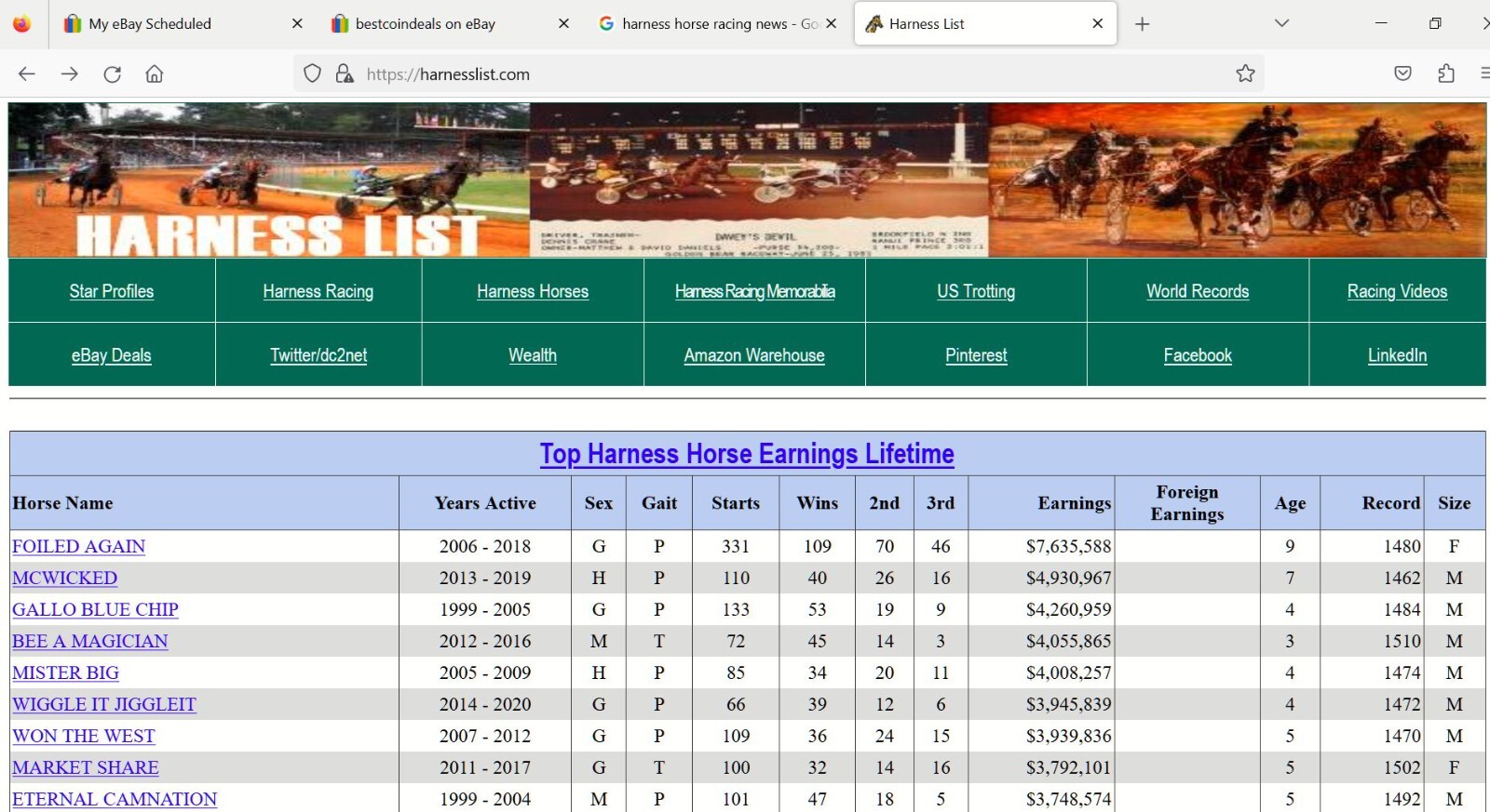 HarnessList.Com INTERNET DOMAIN HARNESS HORSE RACING STANDARDBRED HORSE RECORDS