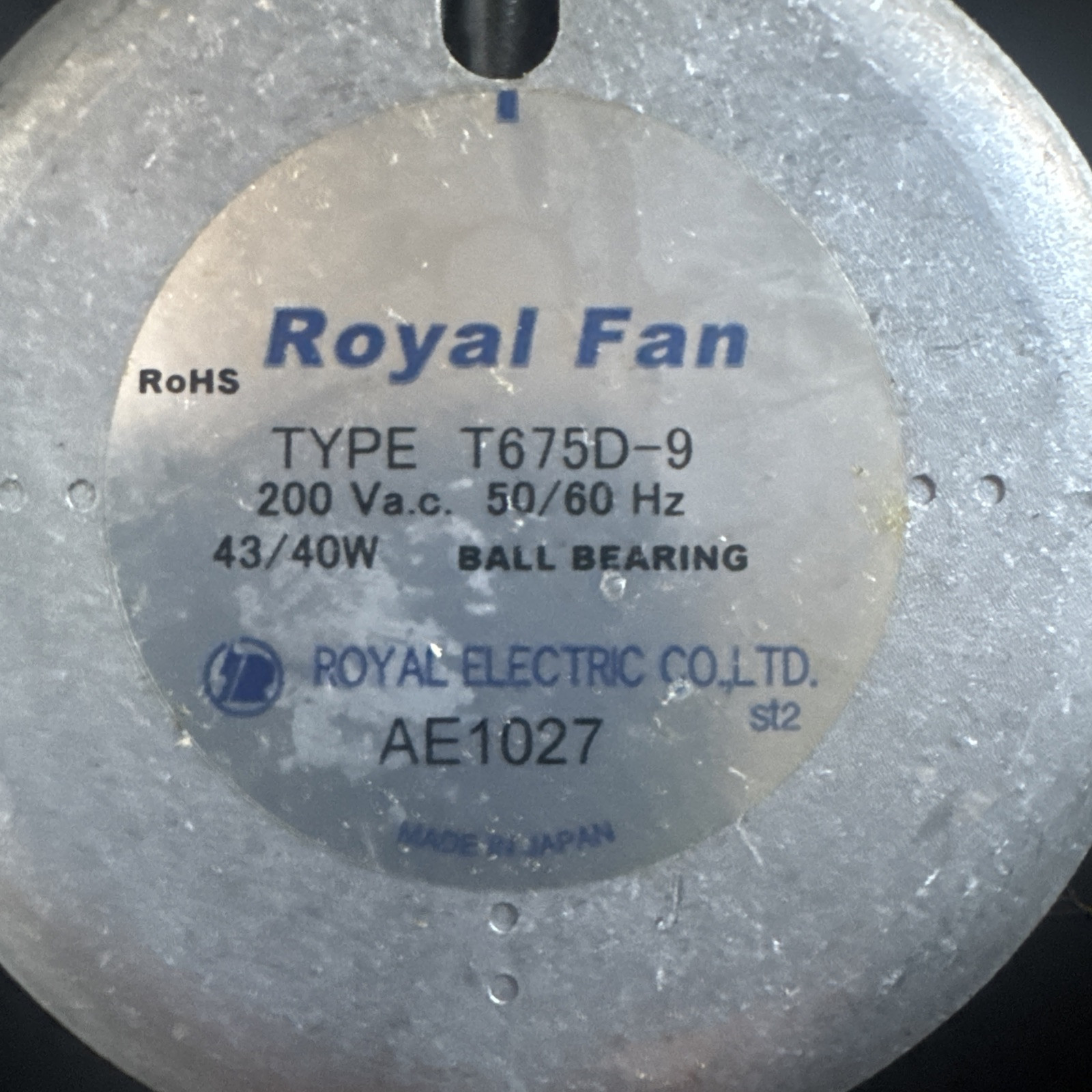 Royal Fan TYPE T675D-9 Aluminum alloy High temperature 200Va.c. 50/60 Hz 43/40W