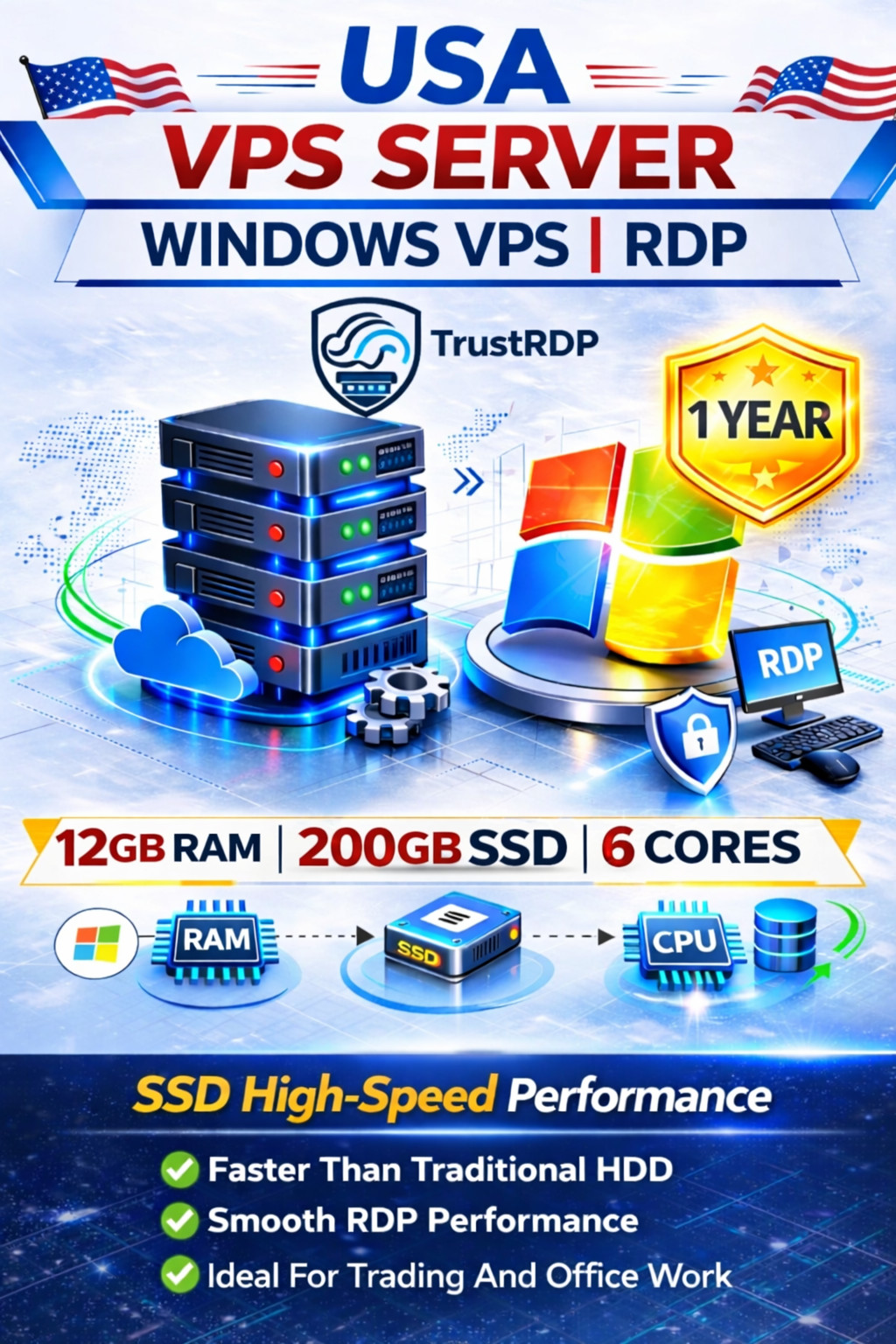 Windows VPS RDP Server 12GB RAM 200GB SSD 1 Year Fast Remote Desktop Hosting