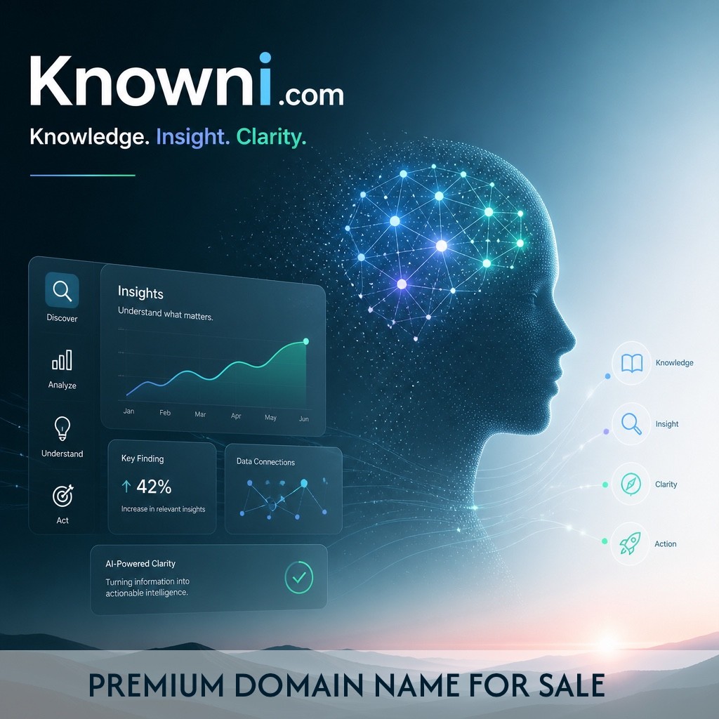 Knowni.com Data, Knowledge, AI, SaaS Branding, Startup .COM Domain Name For Sale