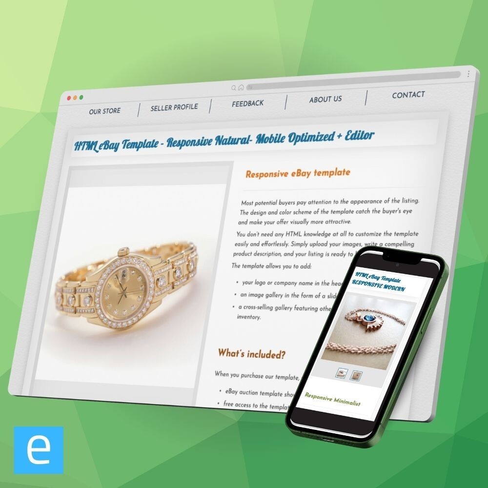 eBay Template – Responsive Elegant- Mobile Optimized + Editor