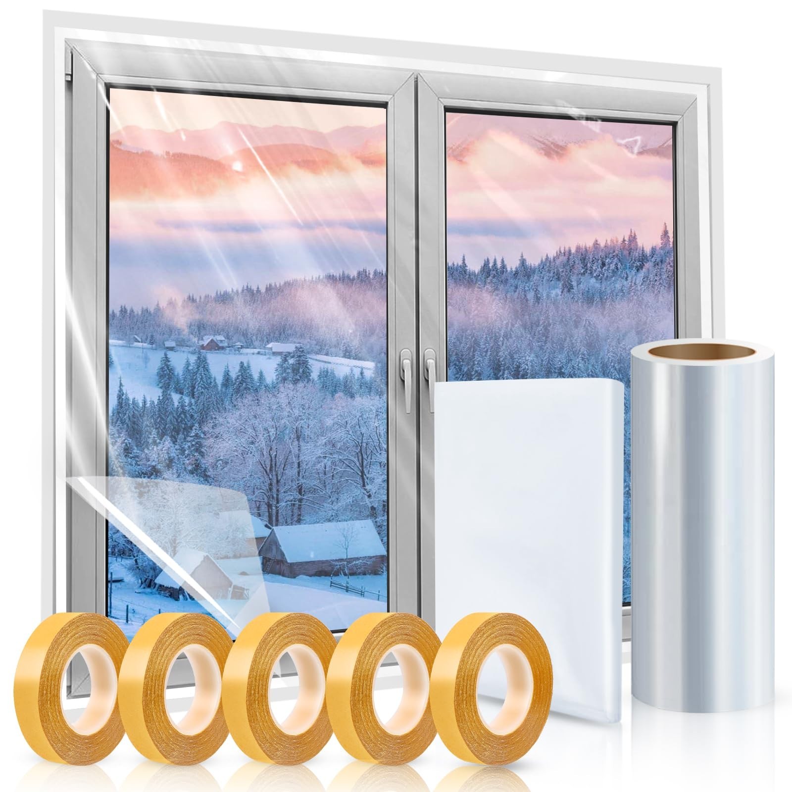 Window Insulation Kit, 63 × 394 Inch and 87 x 110 inch Plastic Window Cover