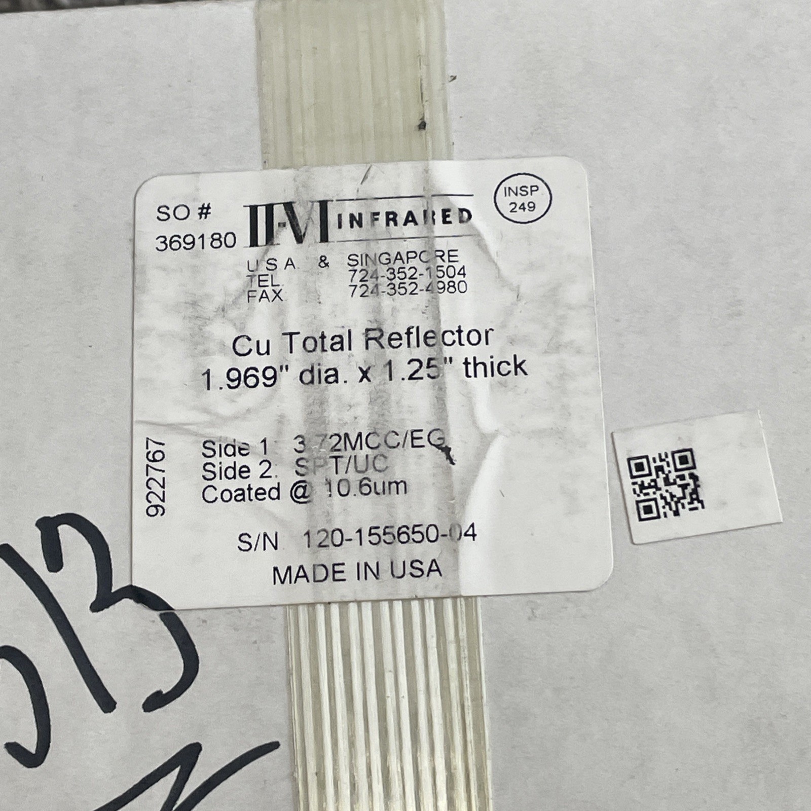 Infrared Inc Cu Total Reflector 1.969” DIA. C 1.25” Thick Side 1 3.72MCC/EG new