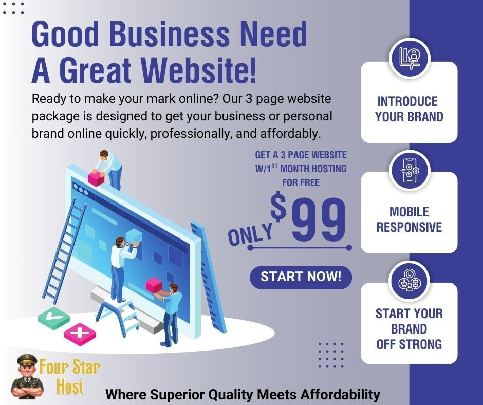 3 Pg Website, FREE Hosting – Start a business – ALL under $100!!!