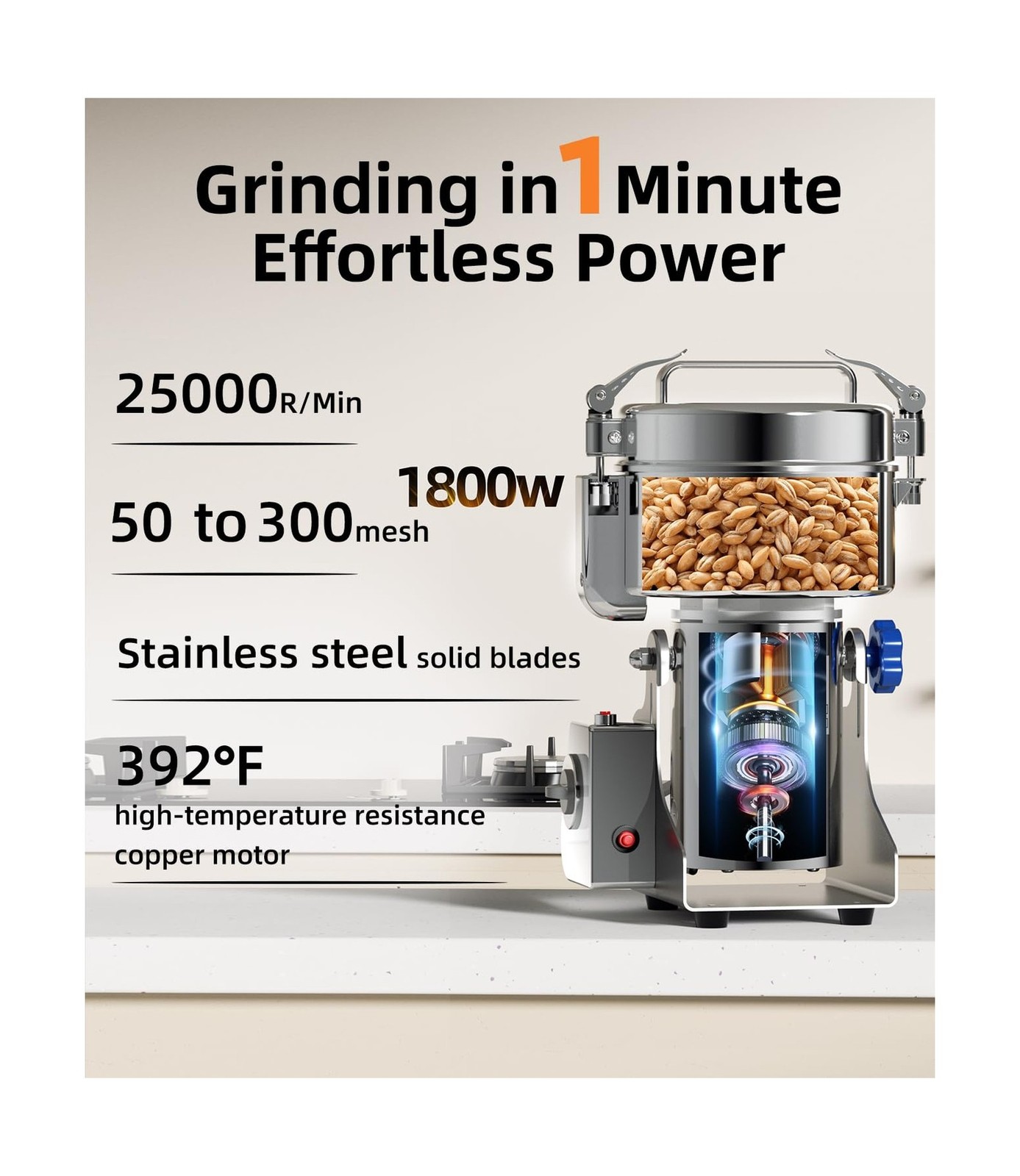 Electric Grain Mill 1000g, Flour Grinder Mill Stainless Steel for Home, Count…