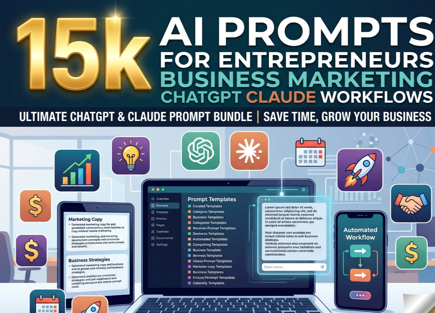 15k AI Prompts for Entrepreneurs Business Marketing ChatGPT Claude Workflows
