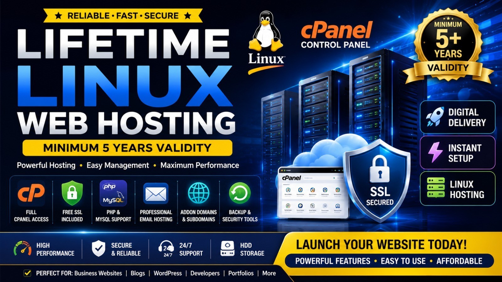 Lifetime Web Hosting Linux cPanel | SSL, PHP, MySQL & Email Service | 5+ Years