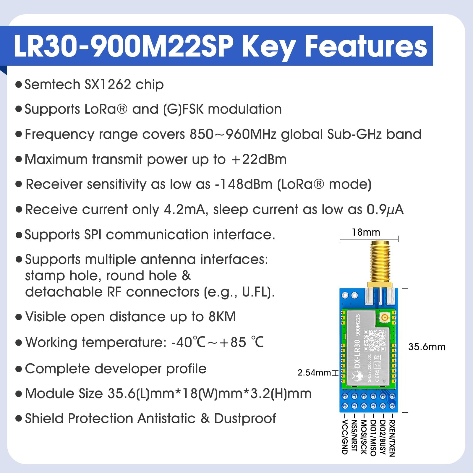 Pddaxlquedx-Lr30 Development Kit Semtech Sx1262Stm32 Lora Spi Interface Module