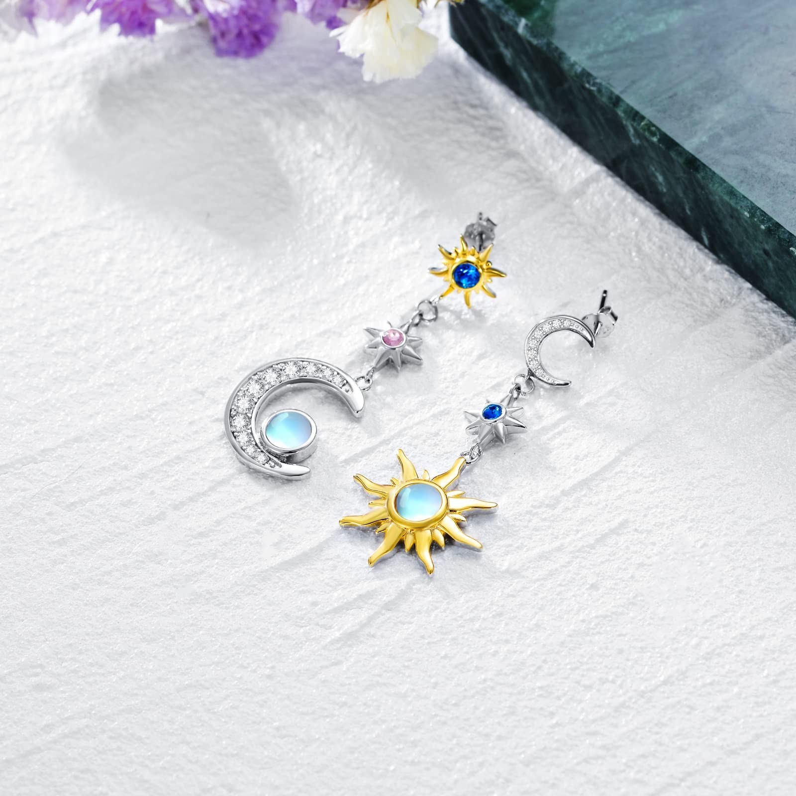 Sun and Moon Dangle Moonstone Earrings 925 Sterling Silver Dangle Huggie Earr…