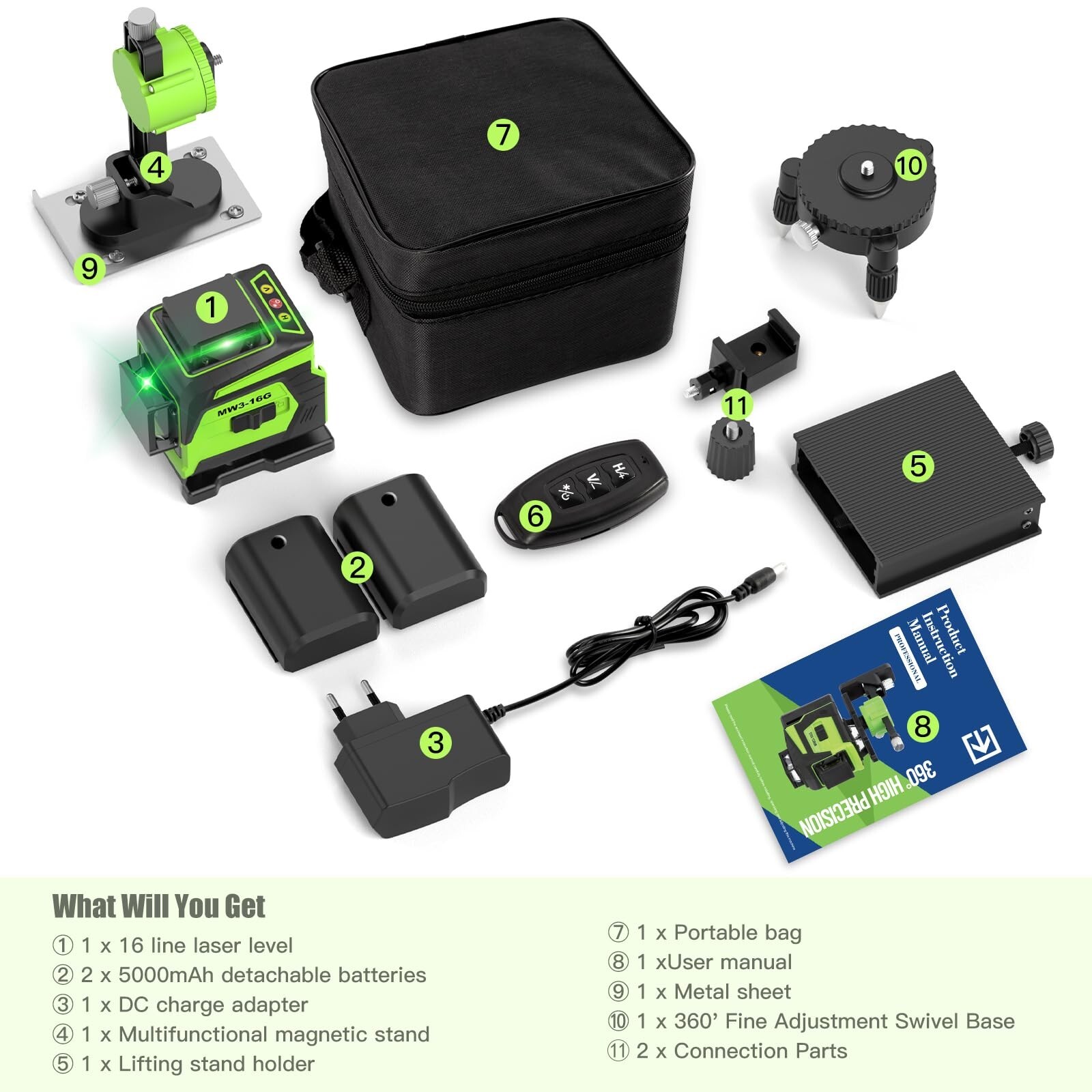 16 Line Laser Level 360 Self Leveling, 4×360°Professional 4D Green … Fast