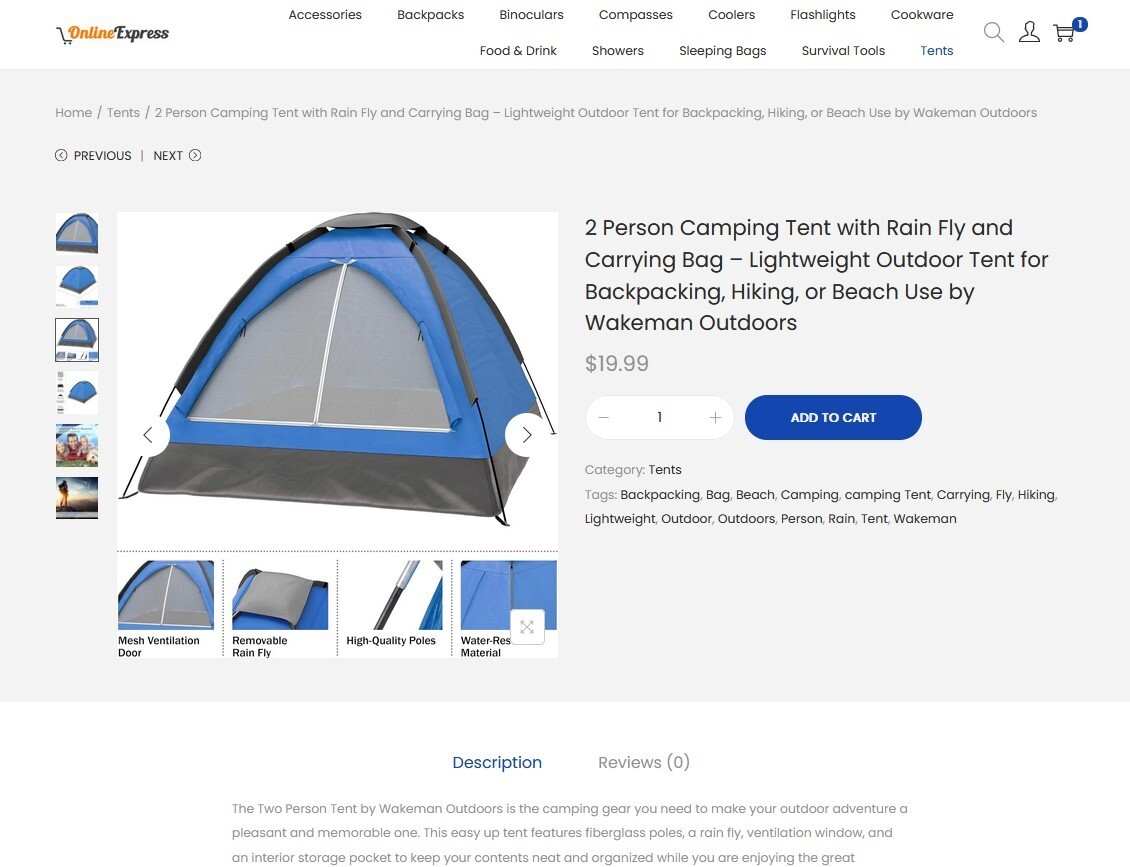 Camping Gear Store Amazon Affiliate/DropShip Website + eCommerce + Free Hosting