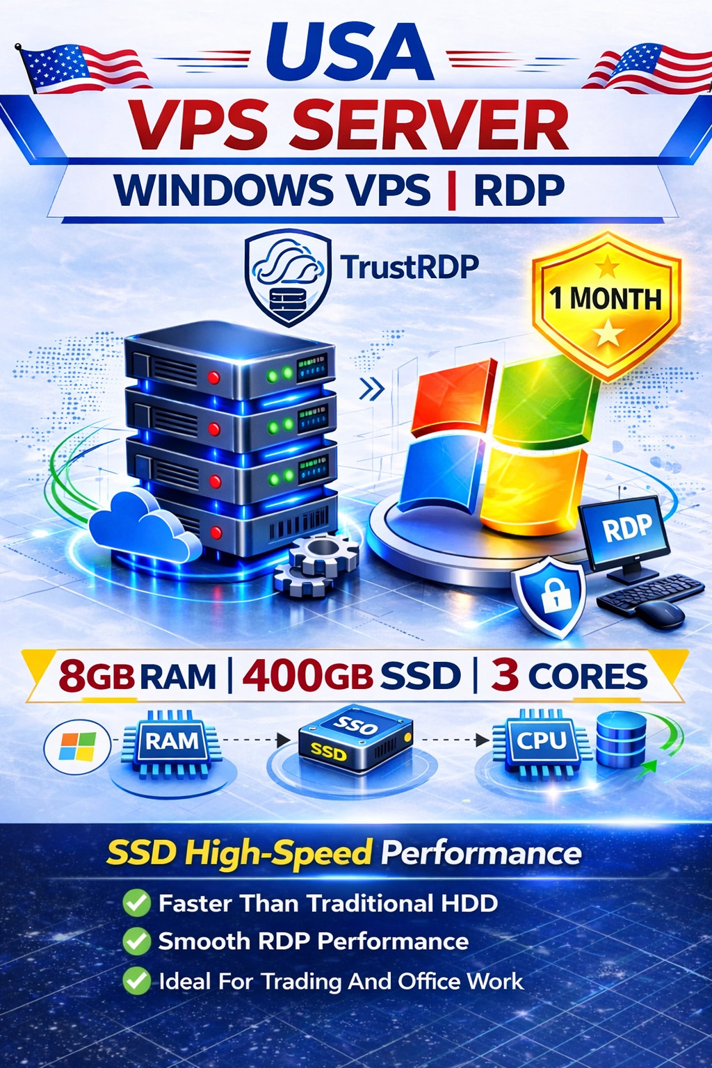 USA Windows VPS RDP Server 8GB RAM 400GB SSD Fast Remote Desktop Hosting