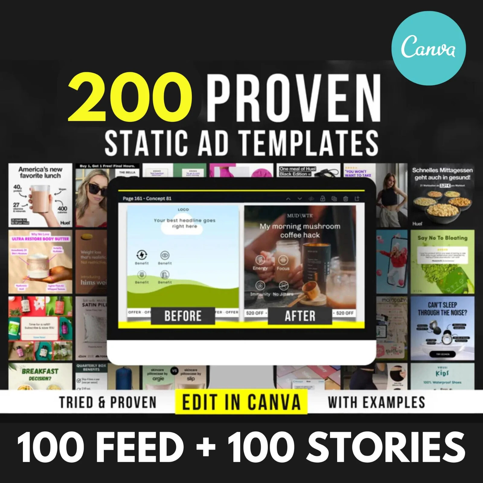 200 Winning Ads Canva Templates (100 Posts + 100 Stories)