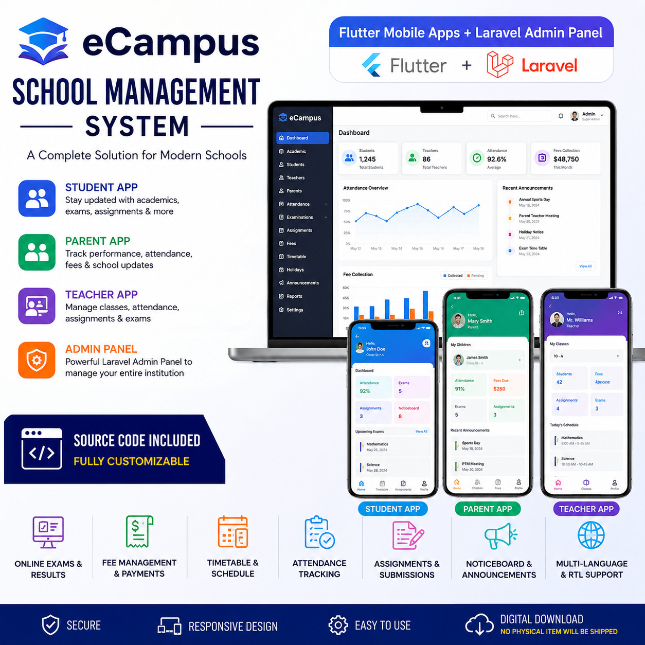 eCampus School Management System Flutter App | Android & iOS | Laravel Admin