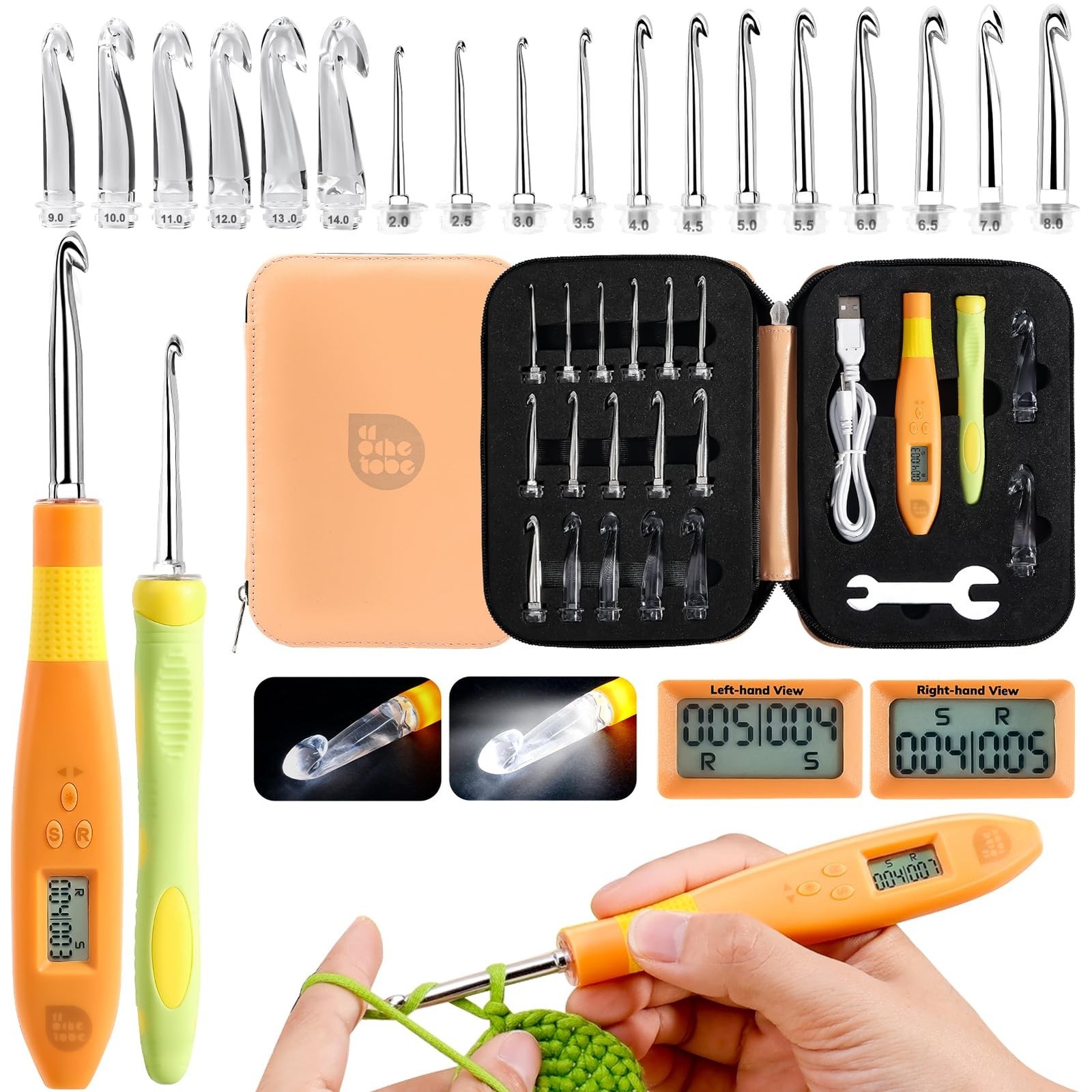 PP OPOUNT 18 Sizes Light Up Crochet Hook Set (2.0–14.0mm) – Plastic Rechar