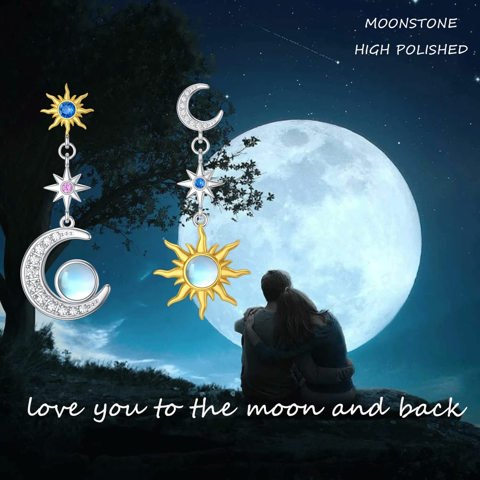 Sun and Moon Dangle Moonstone Earrings 925 Sterling Silver Dangle Huggie Earr…