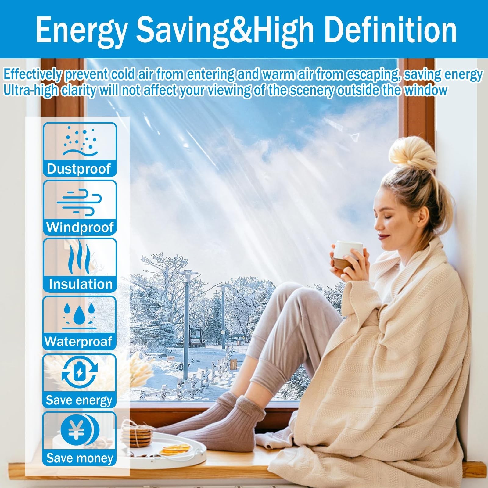 Window Insulation Kit, 63 × 394 Inch and 87 x 110 inch Plastic Window Cover