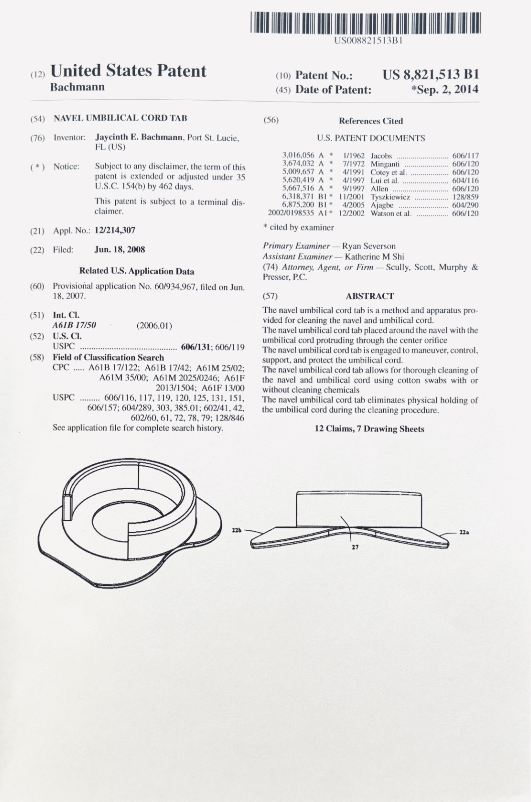 US Patents # 8,753,355 B2, # 8,821,513 B1 for Sale, Umbilical Cord Care Tab