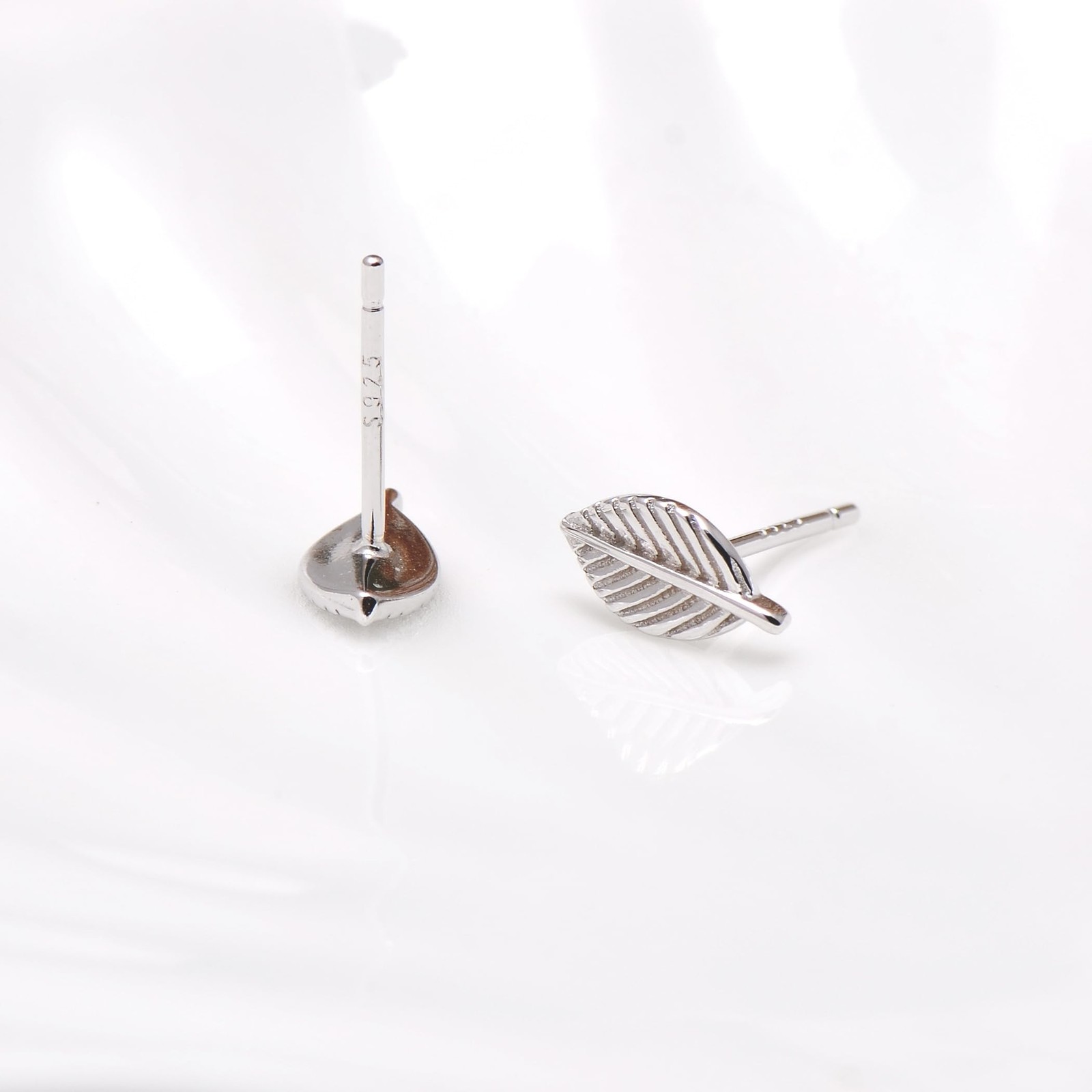 925 Sterling Silver Small Leaf Earrings Studs for Women White Gold
