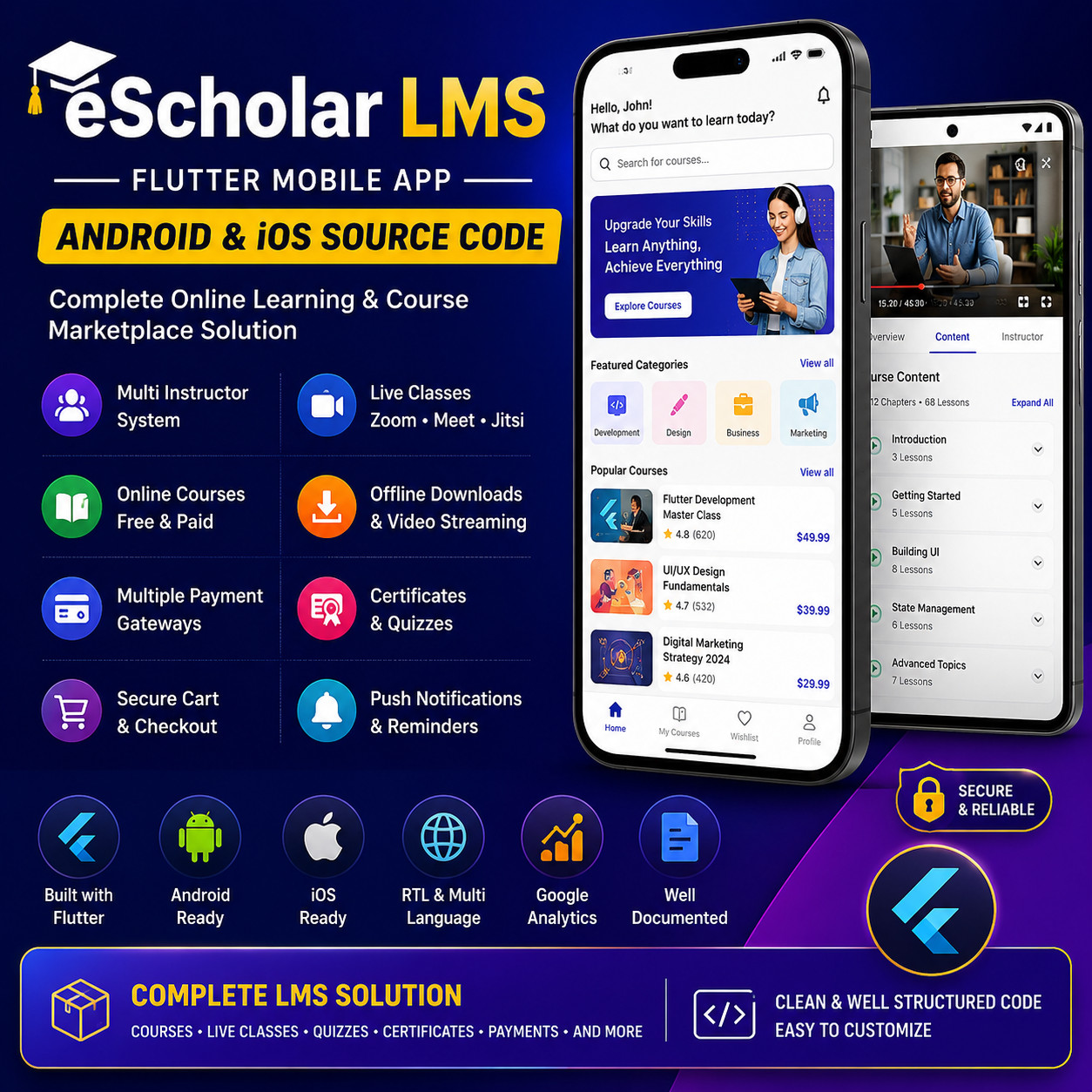eScholar LMS Flutter Mobile App | Android & iOS | Course Learning Platform