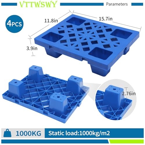 4 Pack Plastic Pallets 15.7×11.8×3.9in Nestable Moisture-Proof Storage Platform