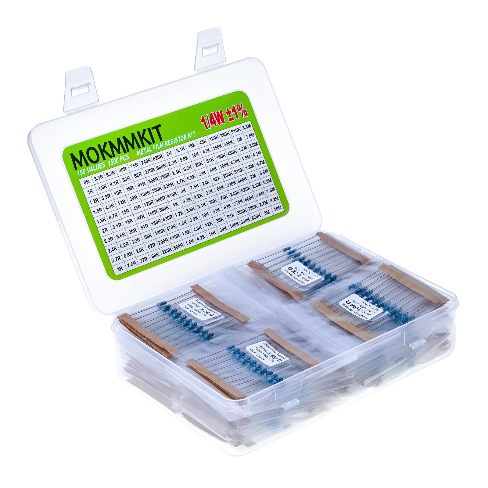 150 Values 1500 Pieces Metal Film Resistor Kit, 0 Ohm-10M Ohm, 1/4W 1% RoHS C…