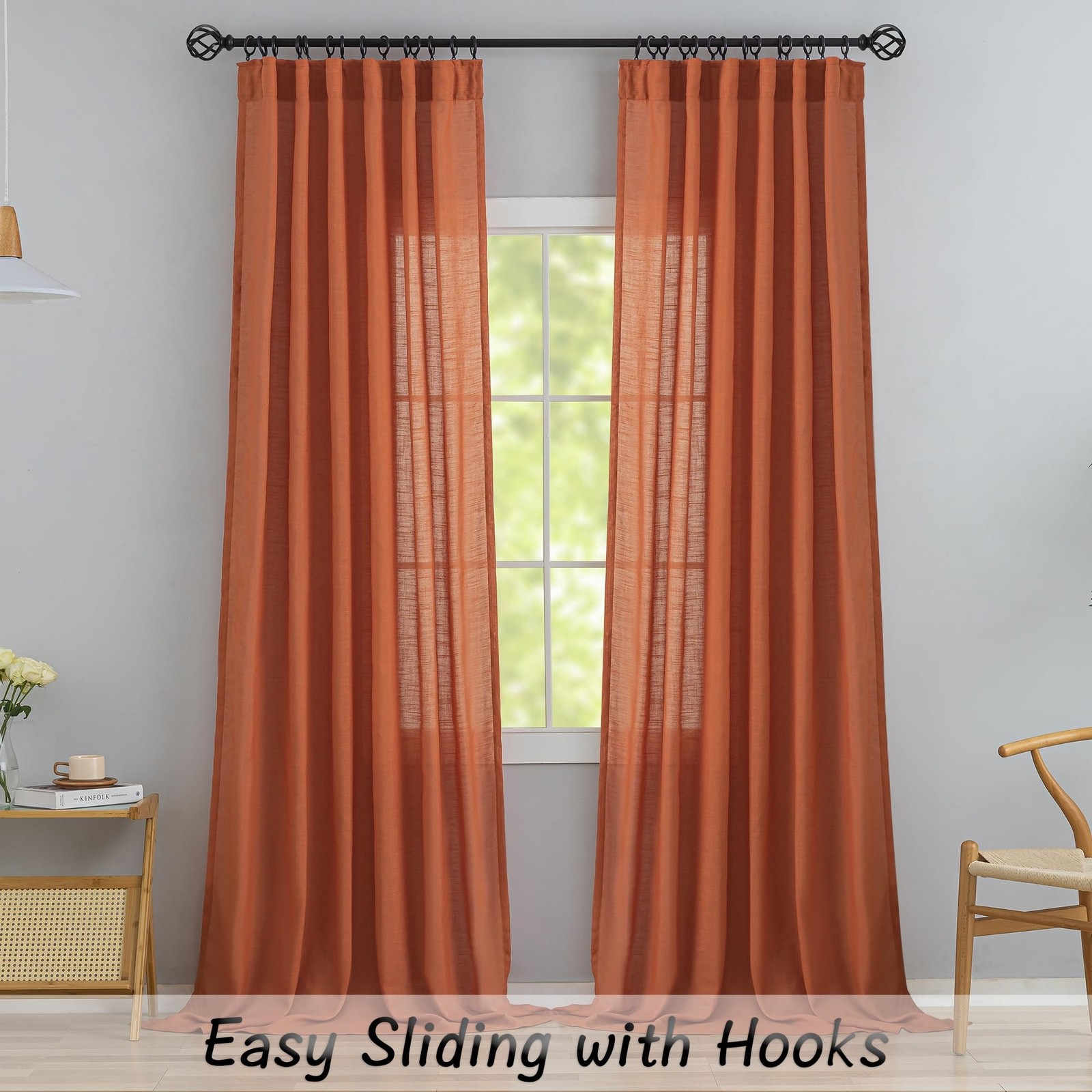 Burnt Orange Linen Back Tab Curtains 132 Inches Extra Long Ceiling to Floor f…