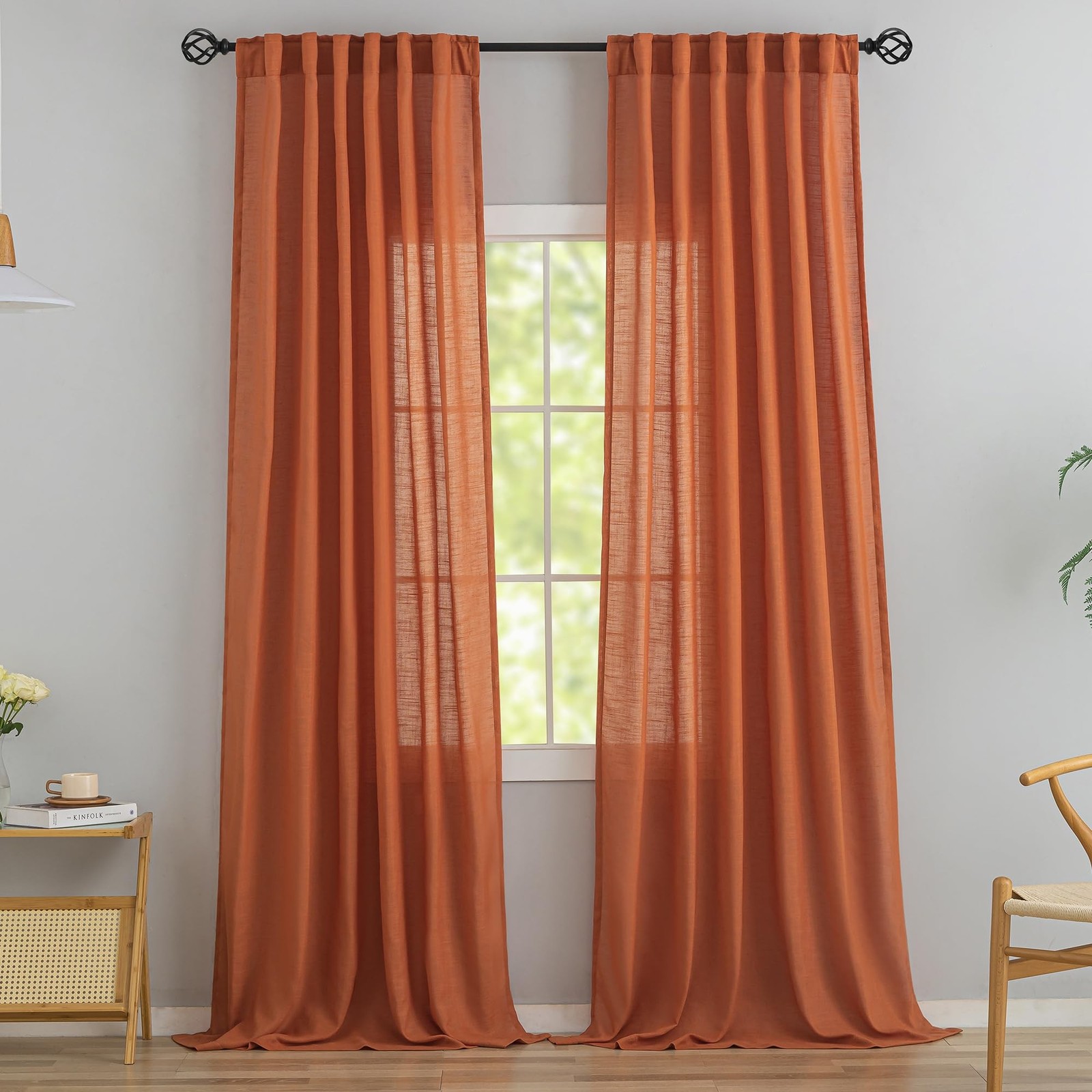 Burnt Orange Linen Back Tab Curtains 132 Inches Extra Long Ceiling to Floor f…