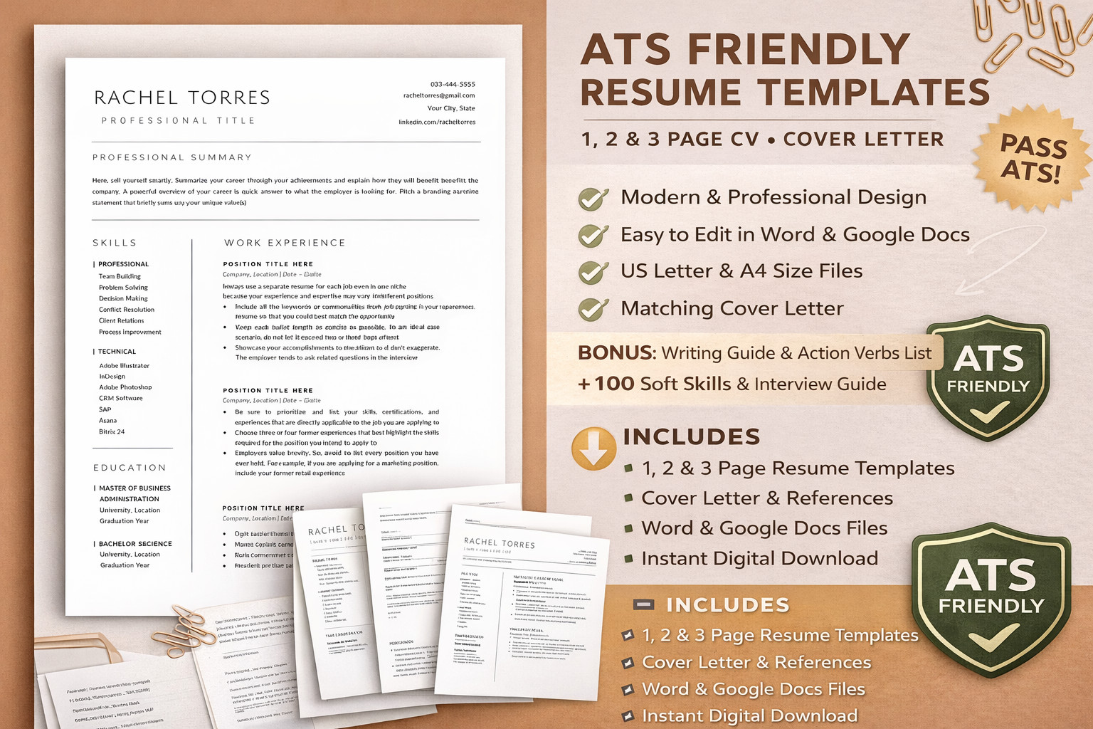 Professional CV & ATS Friendly Resume Template MS-Word, Google Docs, Canvas edit